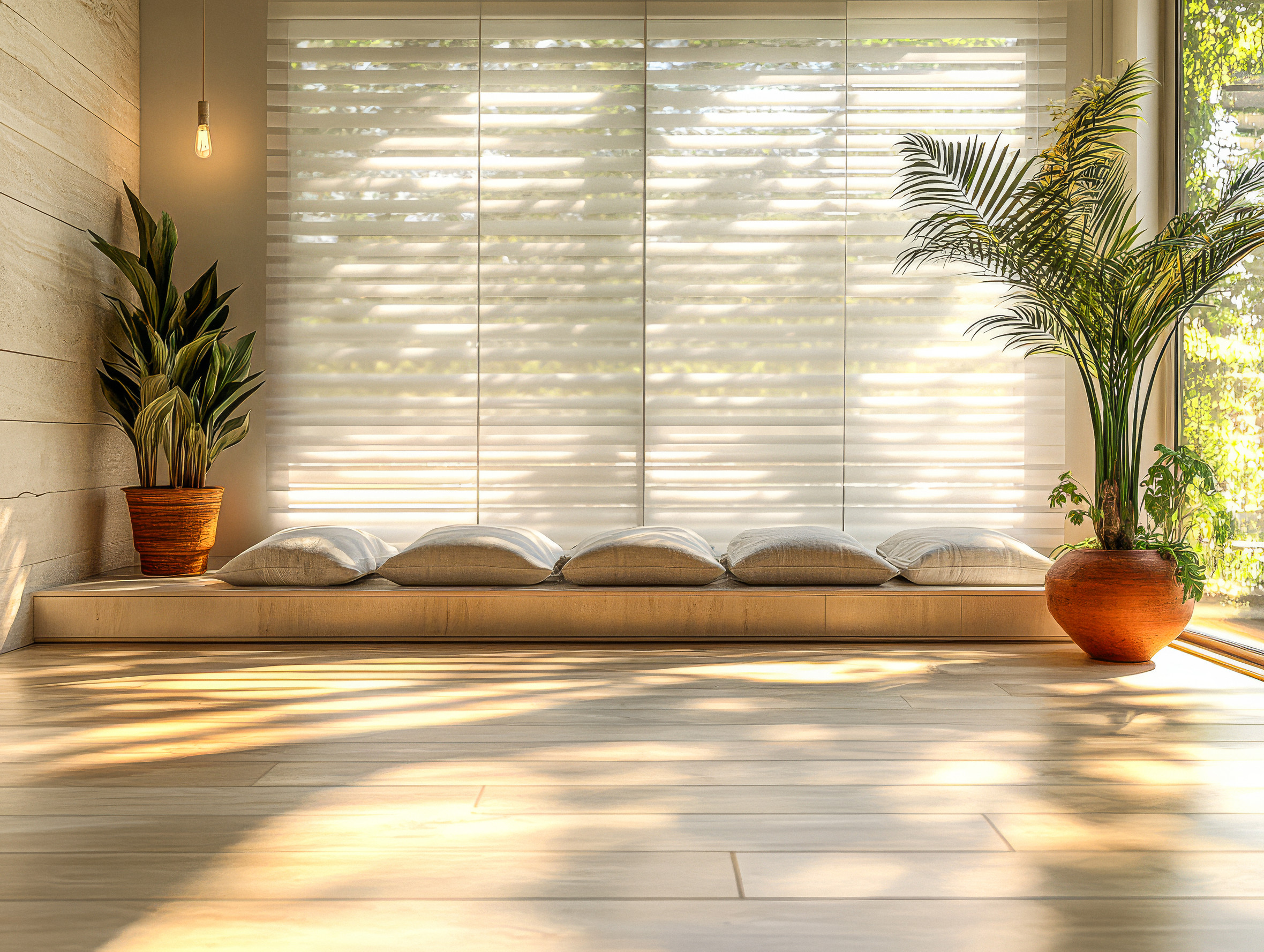 Cozy and tranquil indoor space with natural light and plants in the morning